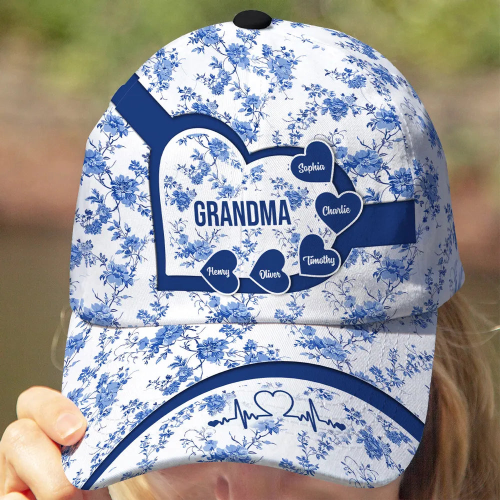 Grandma Mom Blue Heart Floral Chinoiserie Patterned - Personalized Classic Cap - Gift For Mom, Grandma, Mother's Day, Birthday Gift