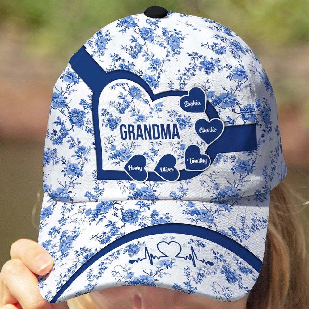 Grandma Mom Blue Heart Floral Chinoiserie Patterned - Personalized Classic Cap - Gift For Mom, Grandma, Mother's Day, Birthday Gift