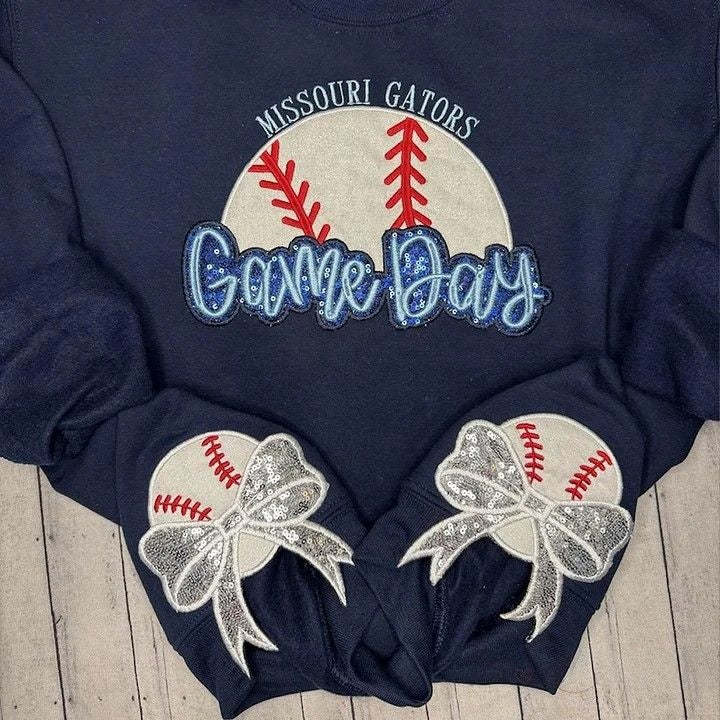 Personalized Baseball Game Day Sweatshirt with Side Bows Sequin Embroidery Pullover