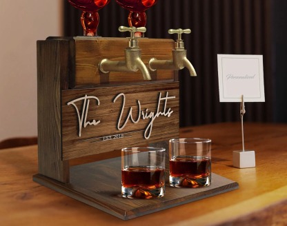 Personalized Embossed Family Name Wooden Double Faucet Whiskey Dispenser, Home Bar, Bar Decor, Wine, Vodka, Alcoholic Drink Fountain-Creatgifts