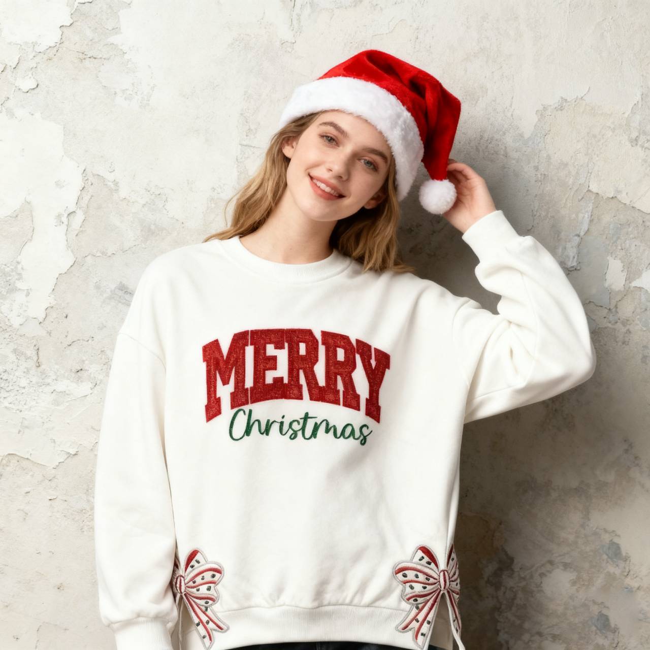 Custom Merry Christmas Glitter Sweatshirt with Bow, Holiday Outfit for Women