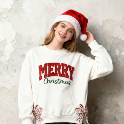 Custom Merry Christmas Glitter Sweatshirt with Bow, Holiday Outfit for Women