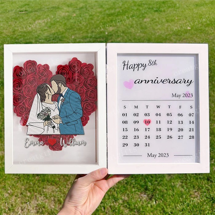Custom Heart Shape Couple Portrait Flower Shadow Box Calendar Frame