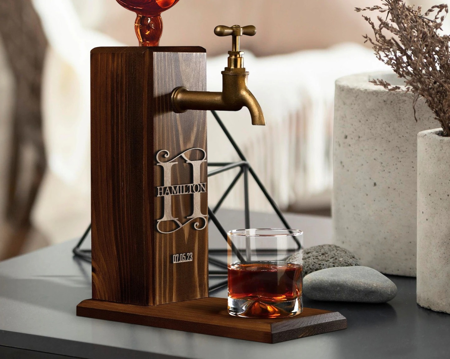 Personalized Embossed Name Wooden Whiskey Dispenser, Wood Dispenser, Alcohol Dispenser, Whiskey Fountain, Beverage Dispenser, Gift for Him-Creatgifts