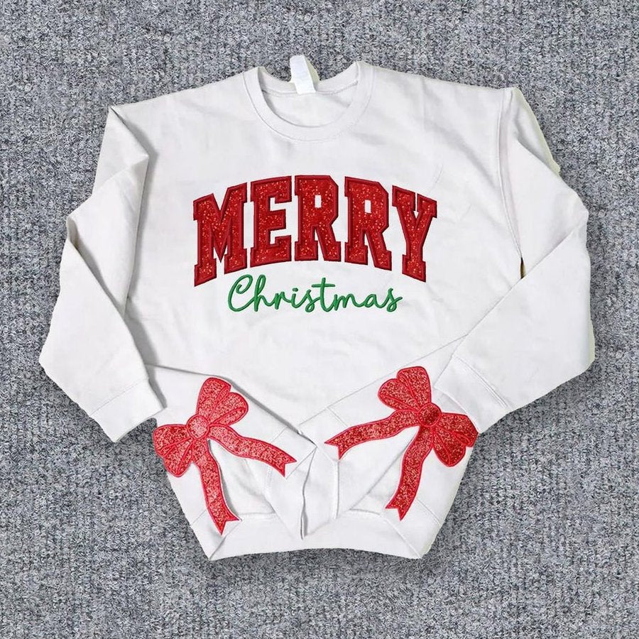 Personalized Green/Red Merry Christmas Bow Side Sweatshirt