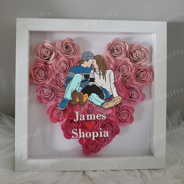 Custom Couple Photo Portrait Roman Numerals Flower Shadow Box