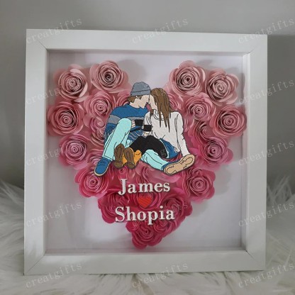 Custom Couple Photo Portrait Roman Numerals Flower Shadow Box