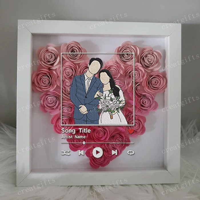 Custom Couple Photo Portrait Roman Numerals Flower Shadow Box