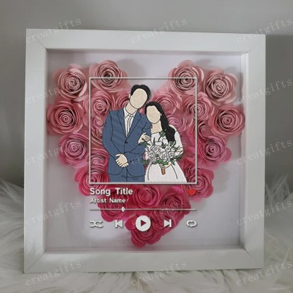 Custom Couple Photo Portrait Roman Numerals Flower Shadow Box