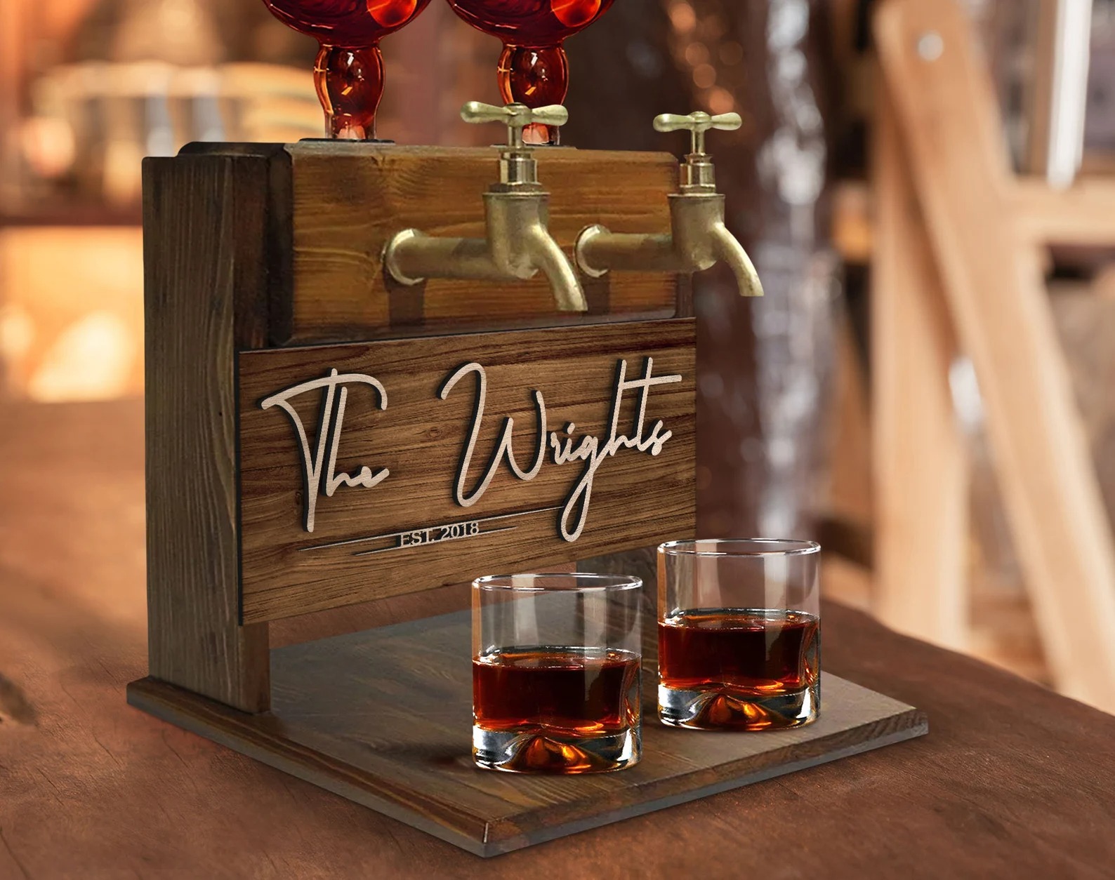 Personalized Embossed Family Name Wooden Double Faucet Whiskey Dispenser, Home Bar, Bar Decor, Wine, Vodka, Alcoholic Drink Fountain-Creatgifts