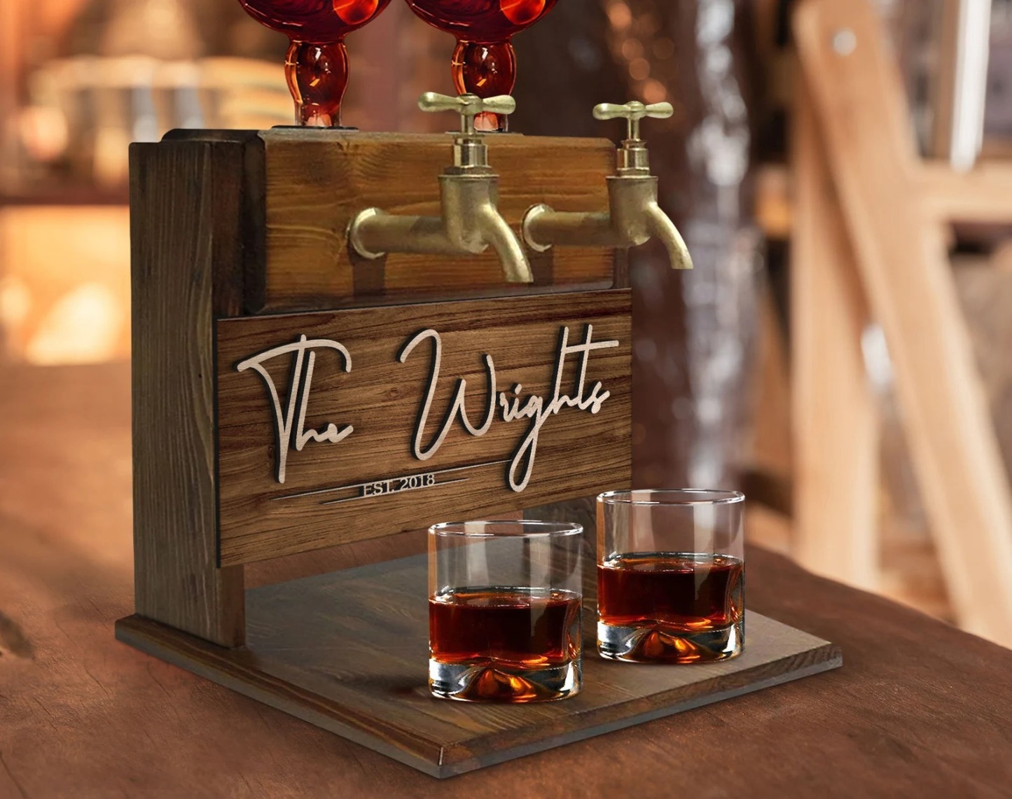 Personalized Embossed Family Name Wooden Double Faucet Whiskey Dispenser, Home Bar, Bar Decor, Wine, Vodka, Alcoholic Drink Fountain-Creatgifts