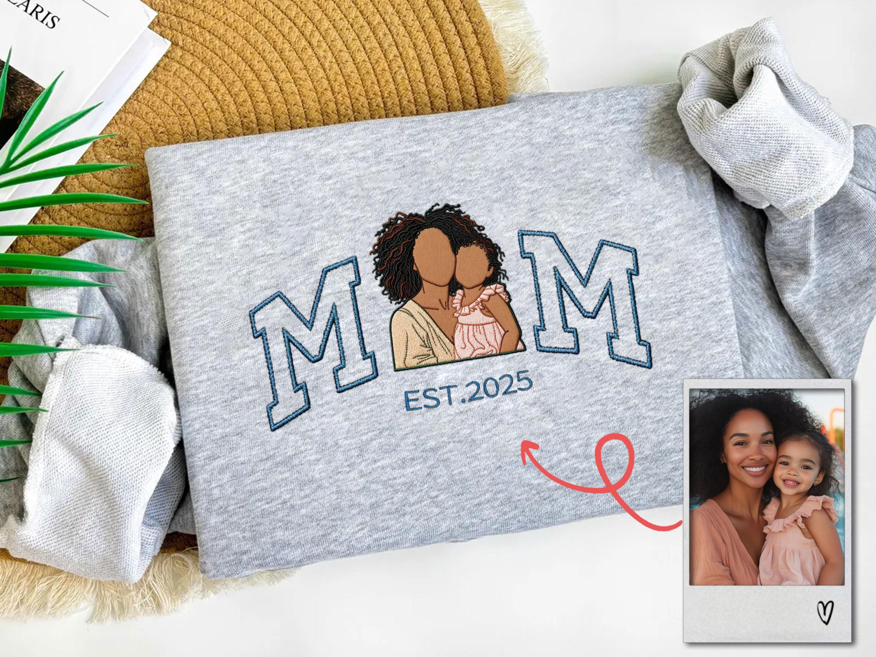 Custom Embroidered Portrait Sweatshirt , Mama/Mum & Kids Photo Design