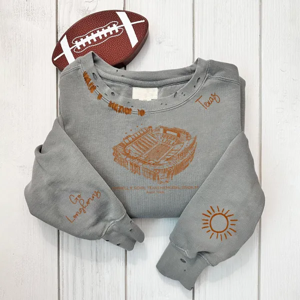 Darrell K Royal–Texas Memorial Stadium - Texas Longhorns football Unisex Distressed Monogram Collar Sleeve Embroidery Chain Stitch Sweatshirt