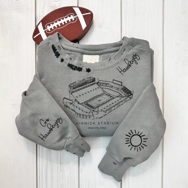 Kinnick Stadium - Iowa Hawkeyes football Unisex Distressed Monogram Collar Sleeve Embroidery Chain Stitch Sweatshirt