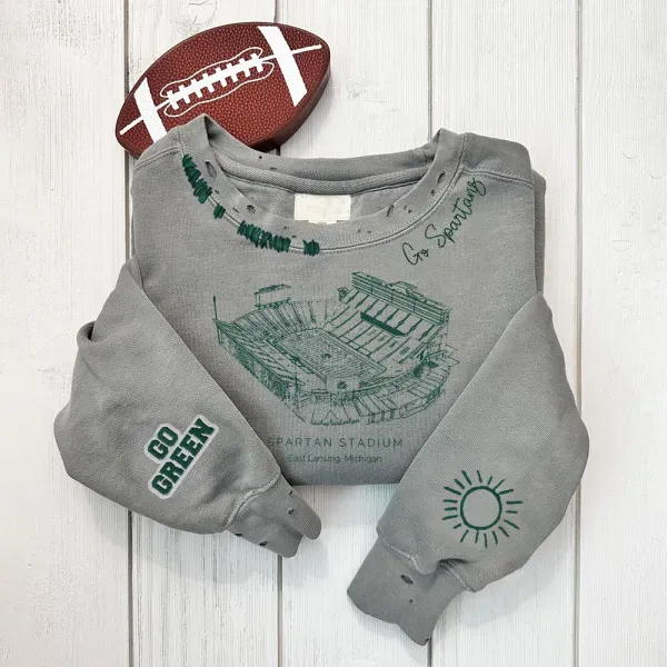 Spartan Stadium - Michigan State Spartans football Unisex Distressed Monogram Collar Sleeve Embroidery Chain Stitch Sweatshirt
