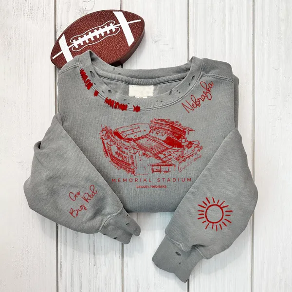 Memorial Stadium (Lincoln) - Nebraska Cornhuskers football Unisex Distressed Monogram Collar Sleeve Embroidery Chain Stitch Sweatshirt