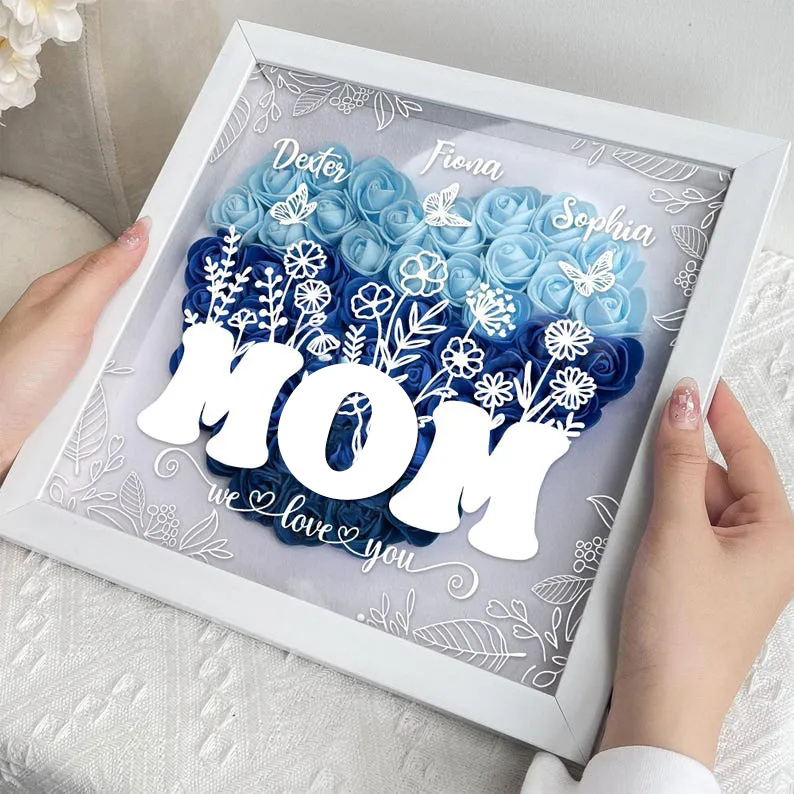 Personalized Flower Heart Shadow Box for Mom, Roses Shadowbox with Kid Names, Custom Frame Gift for Mother's Day, Gift for Mom and Grandma-Creatgifts