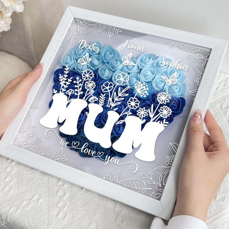 Personalized Flower Heart Shadow Box for Mom, Roses Shadowbox with Kid Names, Custom Frame Gift for Mother's Day, Gift for Mom and Grandma-Creatgifts