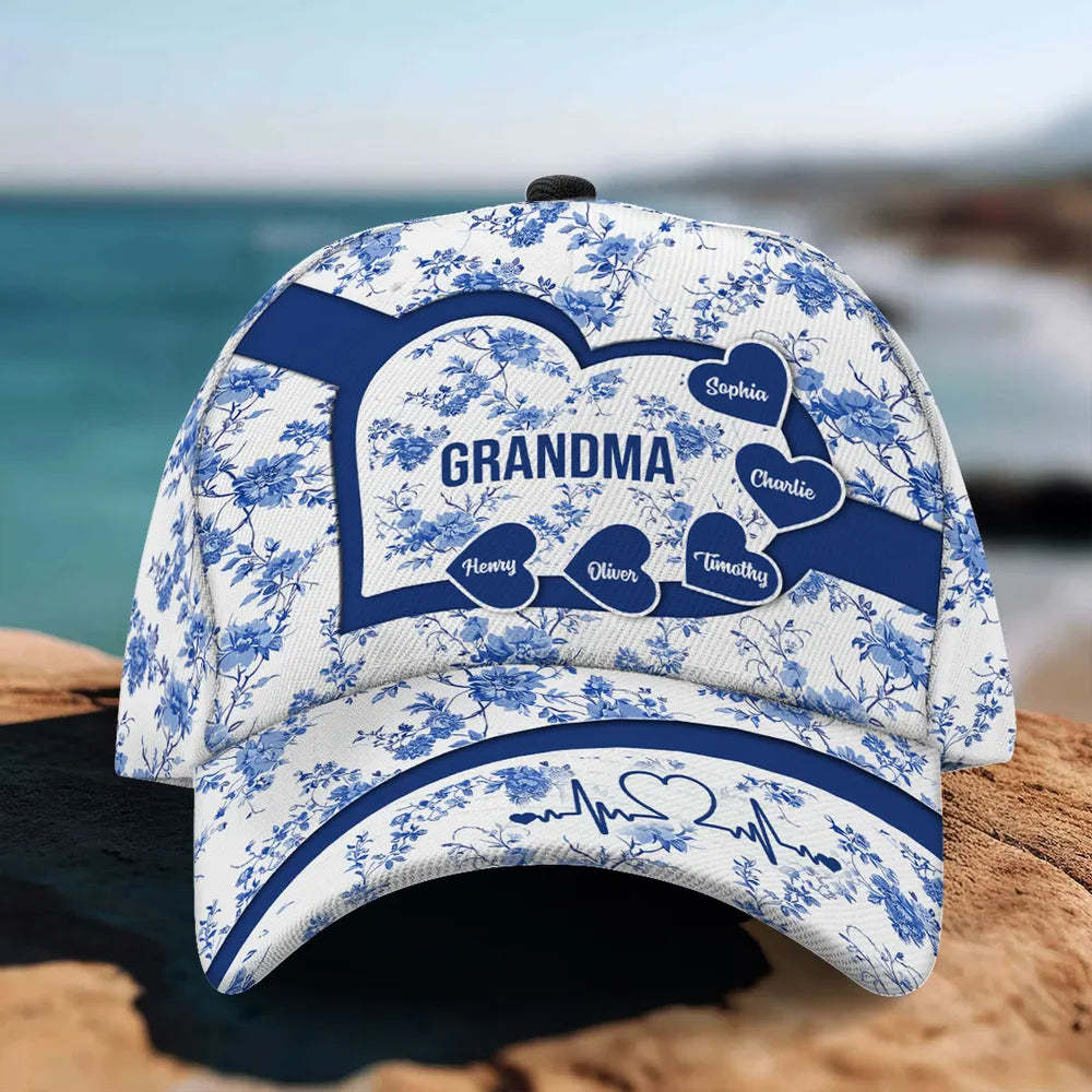 Grandma Mom Blue Heart Floral Chinoiserie Patterned - Personalized Classic Cap - Gift For Mom, Grandma, Mother's Day, Birthday Gift