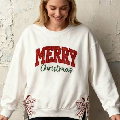 Custom Merry Christmas Glitter Sweatshirt with Bow, Holiday Outfit for Women