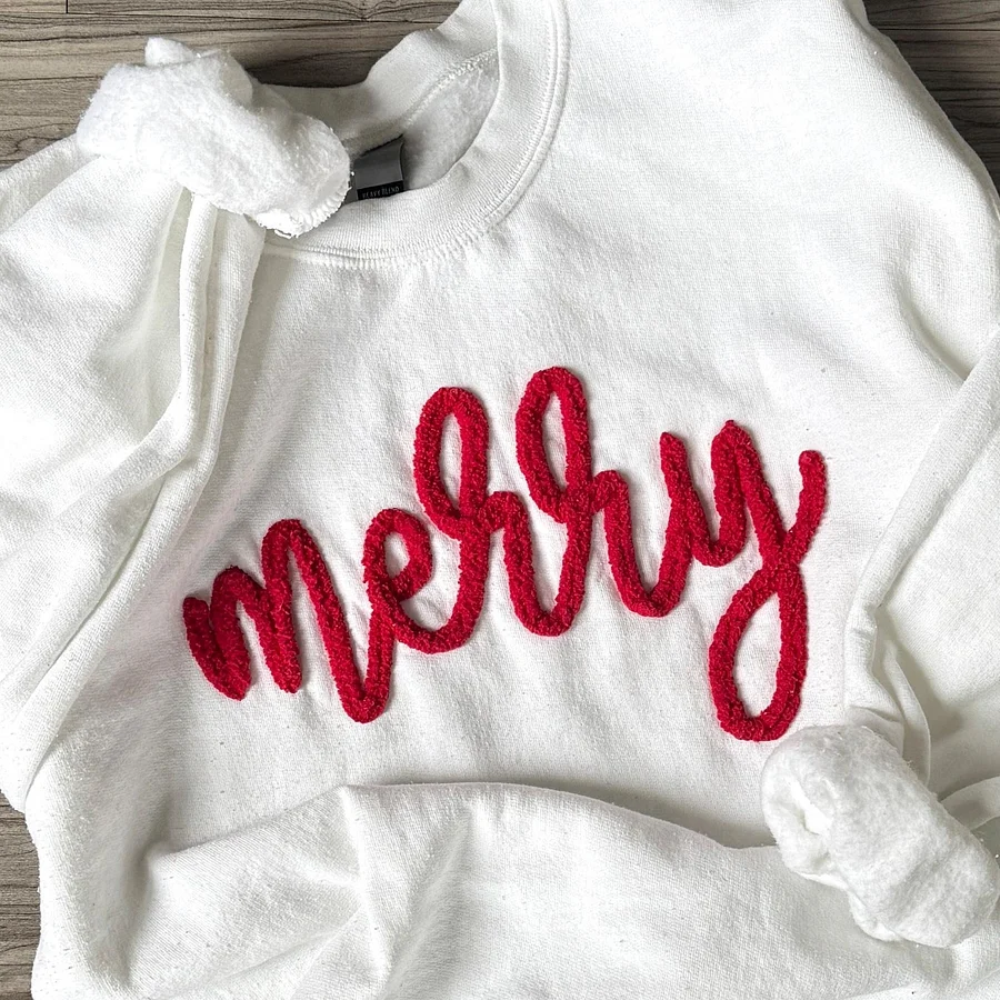 Custom Chenille Yarn Embroidered Merry Sweatshirt