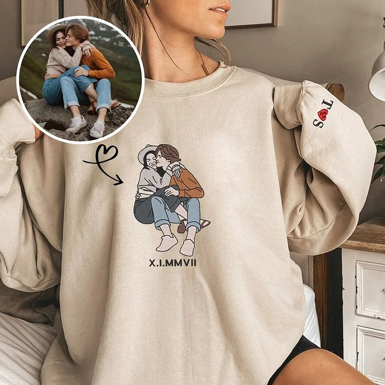 Custom Embroidered Portrait Sweatshirt - Personalized Portrait from Your Photo, Embroidered Design with Roman Numerals-Creatgifts