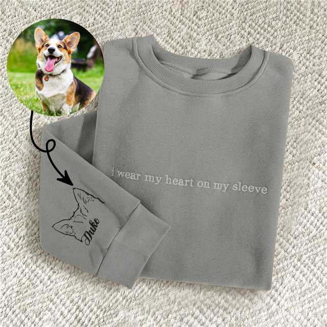 🔥Hot Sale🔥Personalized Heart On My Sleeve Embroidered Crewneck With Dog Cat Ears Any Pet Ears Gift For Pet Lover-Creatgifts