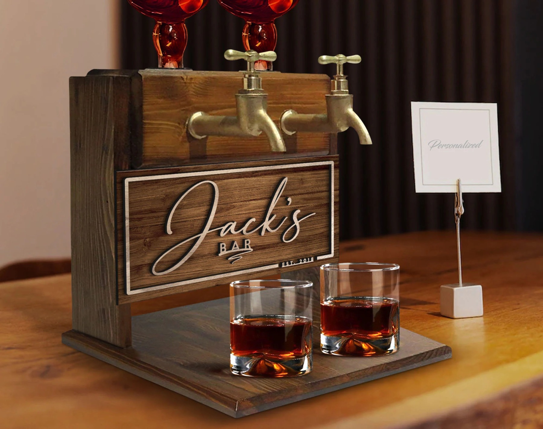 Personalized Embossed Named Wooden Double Faucet Whiskey Dispenser, Bar, Home Bar, Pub and Pub Shed, Wine, Vodka, Liquor Dispenser, Fountain-Creatgifts