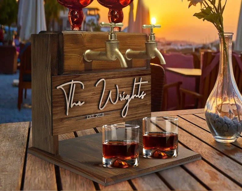 Personalized Embossed Family Name Wooden Double Faucet Whiskey Dispenser, Home Bar, Bar Decor, Wine, Vodka, Alcoholic Drink Fountain-Creatgifts