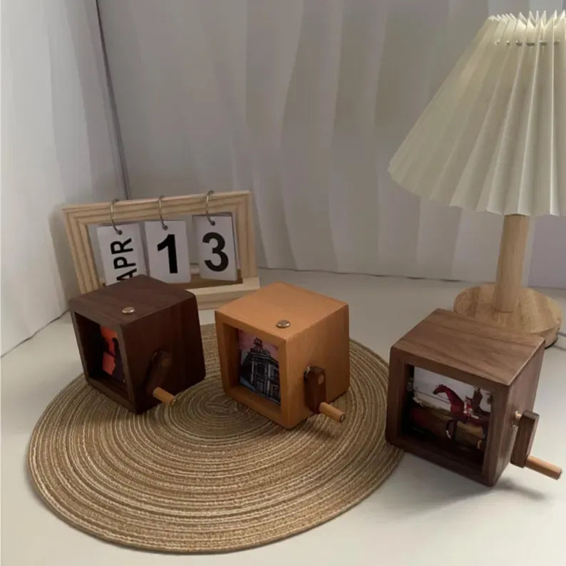 Custom Flip Book Frame Animation Machine Mechanical Hand-cranked Photo Album with Light Black Walnut Baby Photo Cube Frame Creative Gift-Creatgifts