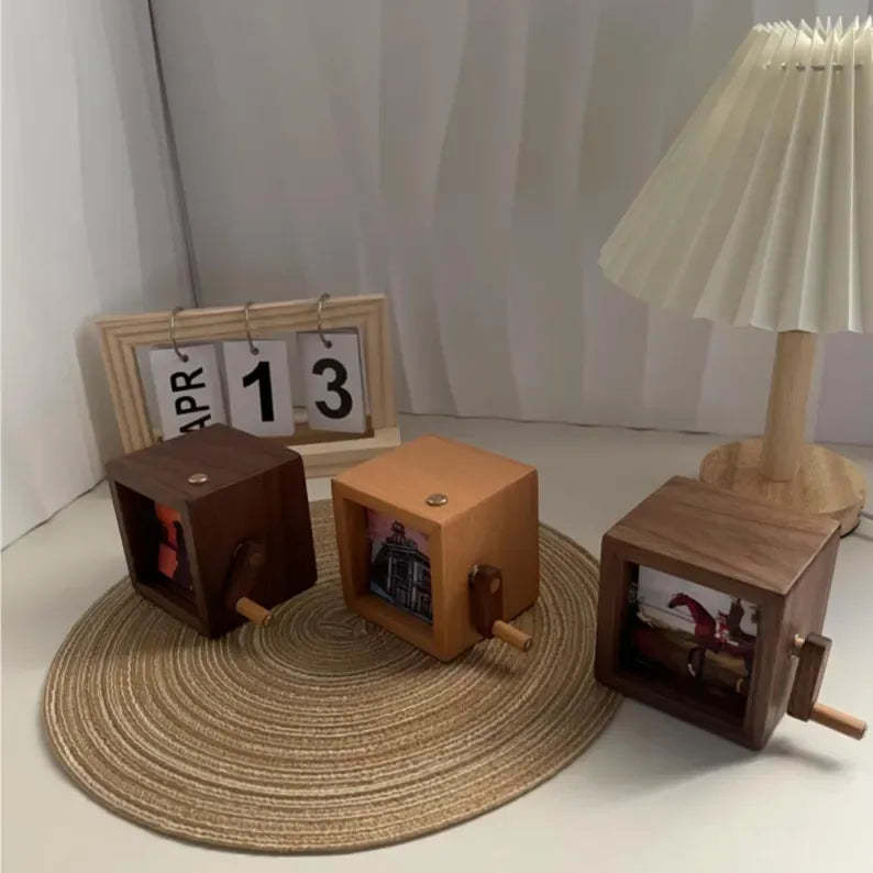 Custom Flip Book Frame Animation Machine Mechanical Hand-cranked Photo Album with Light Black Walnut Baby Photo Cube Frame Creative Gift-Creatgifts