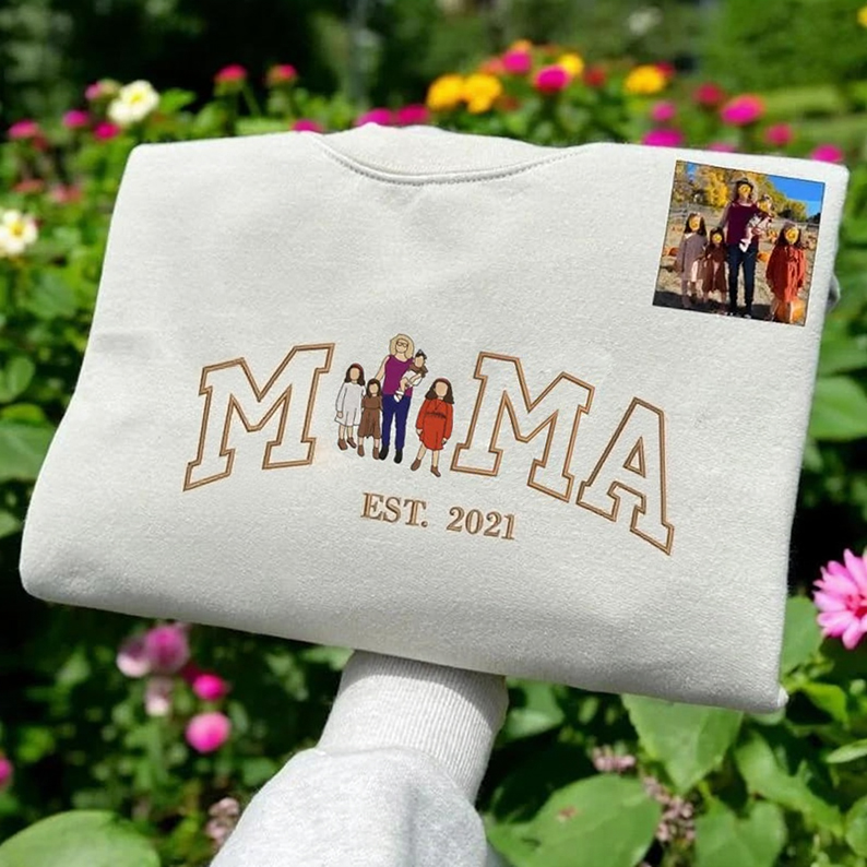 Mama,Mum T-shirt with Photo, Custom Embroidered Sweatshirt Mama and Kids Portrait.