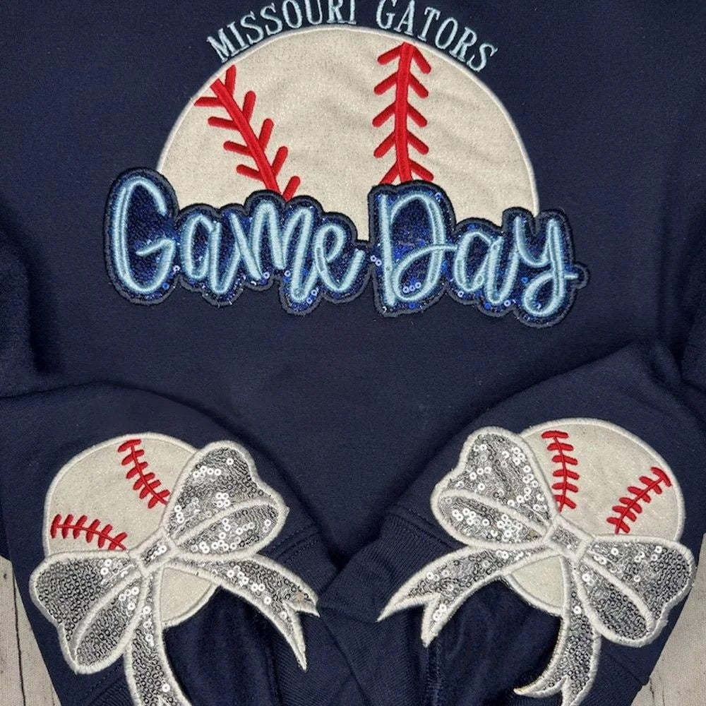 Personalized Baseball Game Day Sweatshirt with Side Bows Sequin Embroidery Pullover