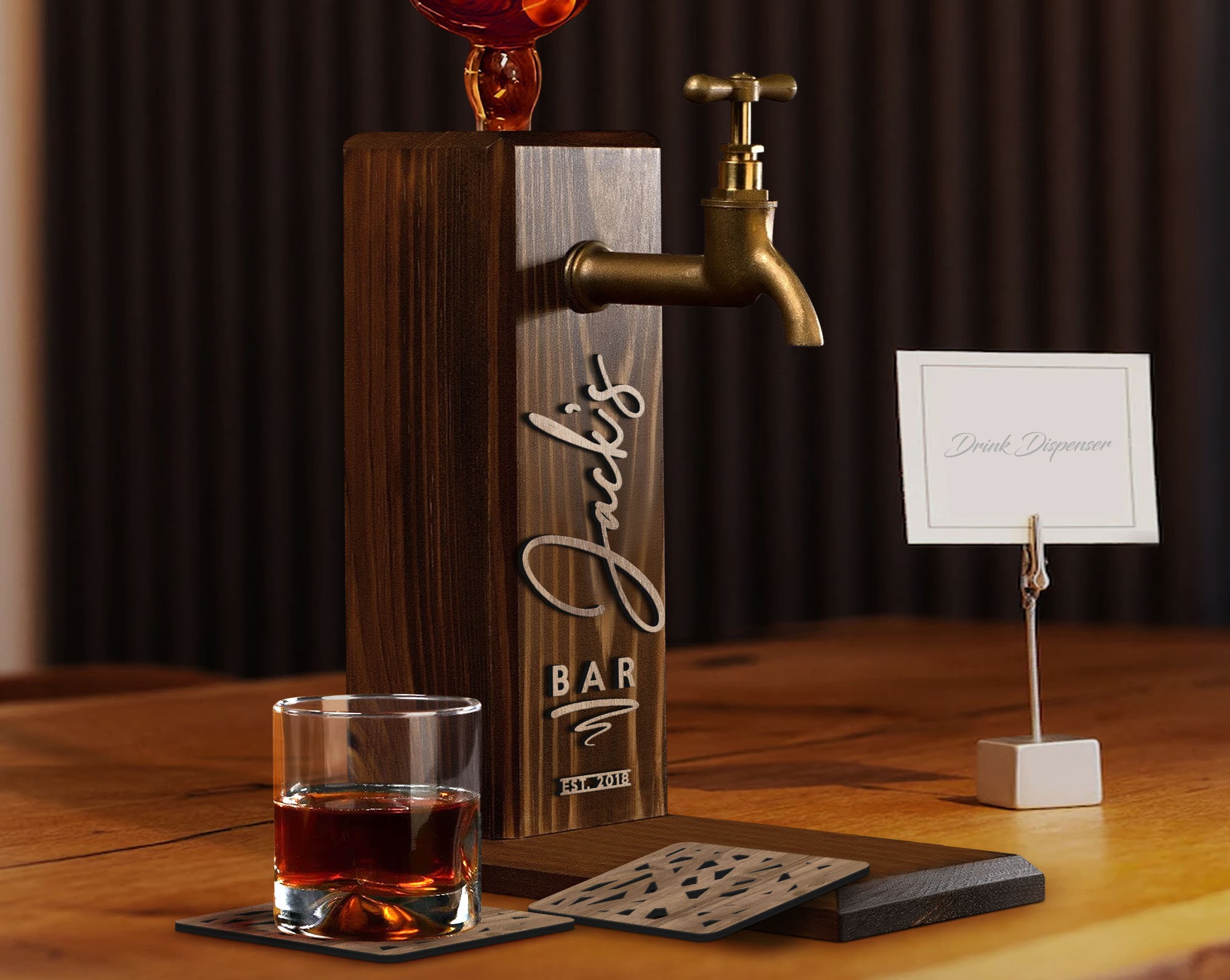 Personalized Embossed Named Wooden Whiskey Dispenser and Wood Coasters Set, Bar, Pub, Wine, Vodka, Liquor Dispenser, Wood Whiskey Fountain-Creatgifts