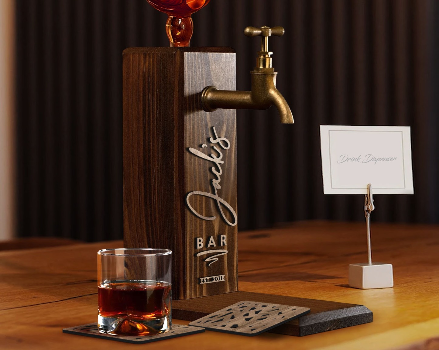 Personalized Embossed Named Wooden Whiskey Dispenser and Wood Coasters Set, Bar, Pub, Wine, Vodka, Liquor Dispenser, Wood Whiskey Fountain-Creatgifts