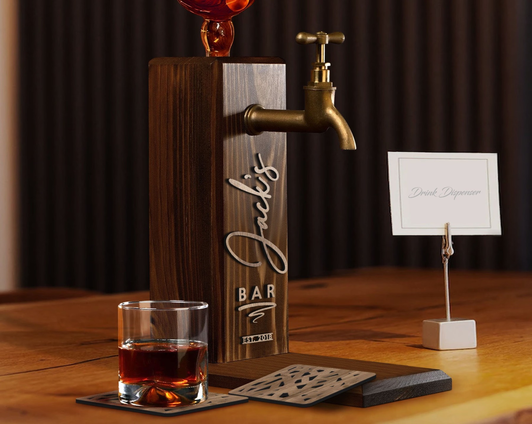 Personalized Embossed Named Wooden Whiskey Dispenser and Wood Coasters Set, Bar, Pub, Wine, Vodka, Liquor Dispenser, Wood Whiskey Fountain-Creatgifts