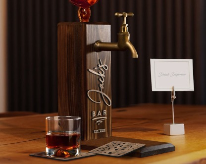 Personalized Embossed Named Wooden Whiskey Dispenser and Wood Coasters Set, Bar, Pub, Wine, Vodka, Liquor Dispenser, Wood Whiskey Fountain-Creatgifts