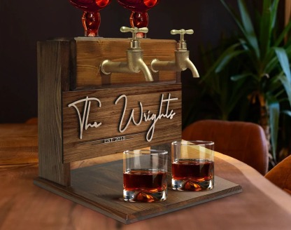 Personalized Embossed Family Name Wooden Double Faucet Whiskey Dispenser, Home Bar, Bar Decor, Wine, Vodka, Alcoholic Drink Fountain-Creatgifts