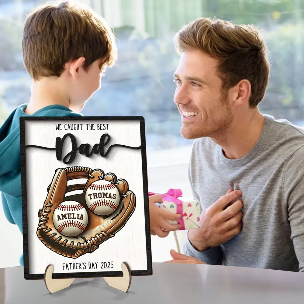 We Caught The Best Dad Baseball, Softball Personalized 2-Layer Wooden Plaque, Custom Kid's Name, Father’s Day Gift For Husband, Dad