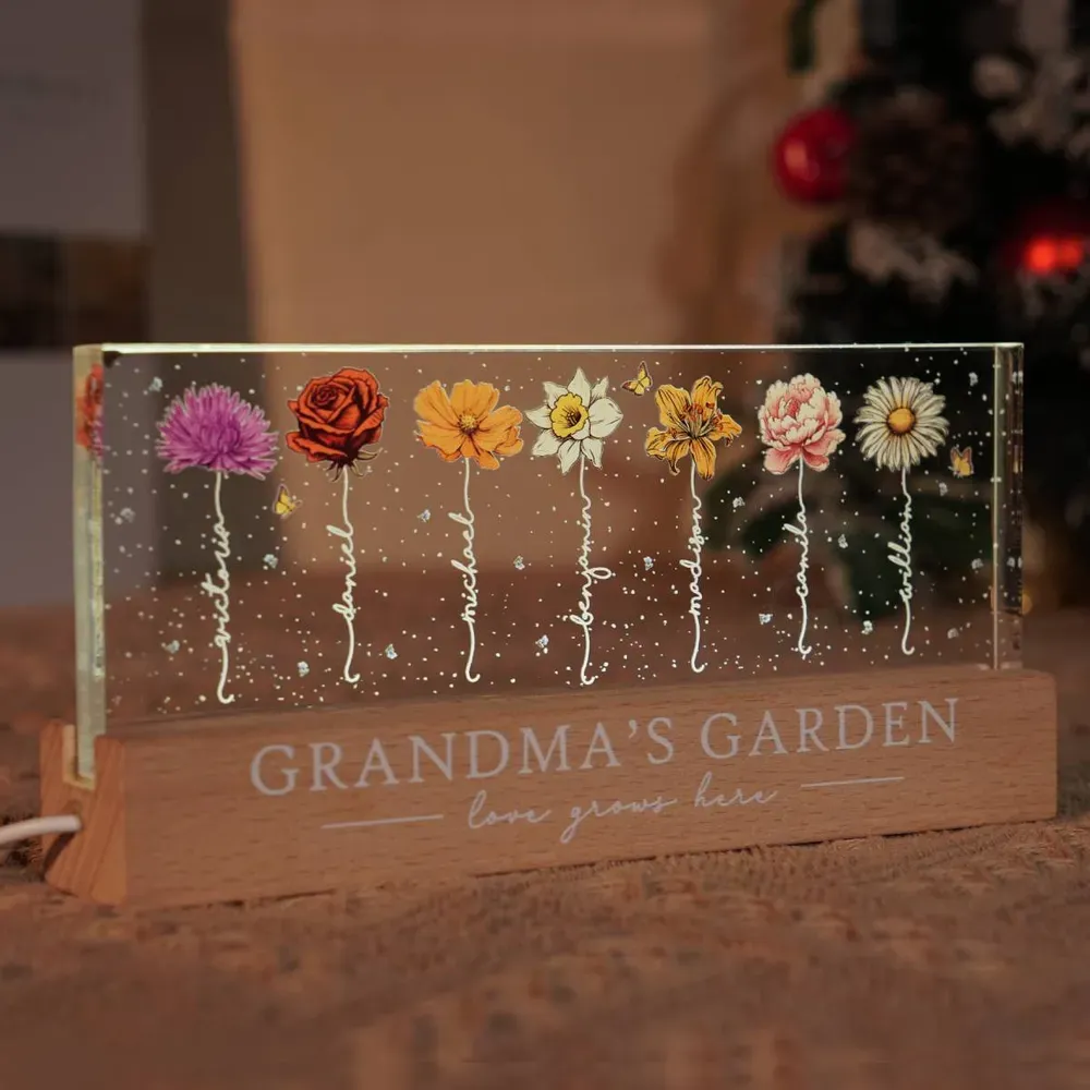 Grandma‘s Garden Birth Month Flowers Personalized Acrylic Block LED Night Light, A Heartfelt Gift for Grandma’s Birthday, Mother’s Day, or Just Because