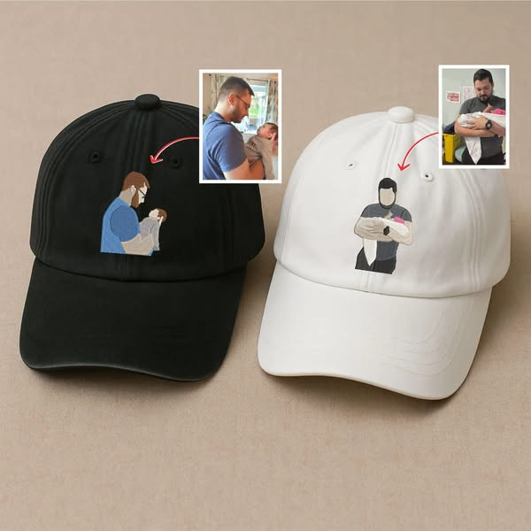 Line Art Portrait Embroidered with Roman Numerals Date on Dad Hat | Couples Embroidery Dad Hat