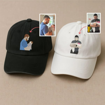 Line Art Portrait Embroidered with Roman Numerals Date on Dad Hat | Couples Embroidery Dad Hat