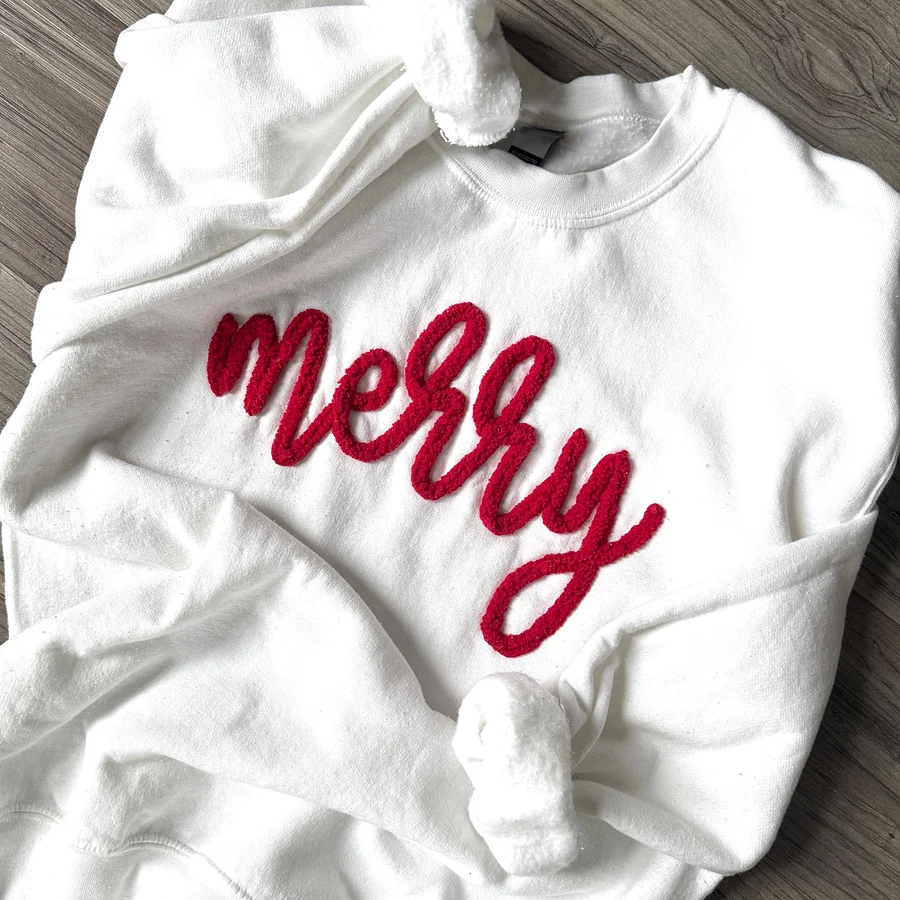Custom Chenille Yarn Embroidered Merry Sweatshirt