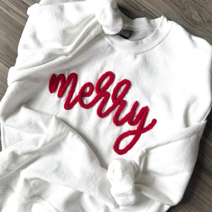 Custom Chenille Yarn Embroidered Merry Sweatshirt