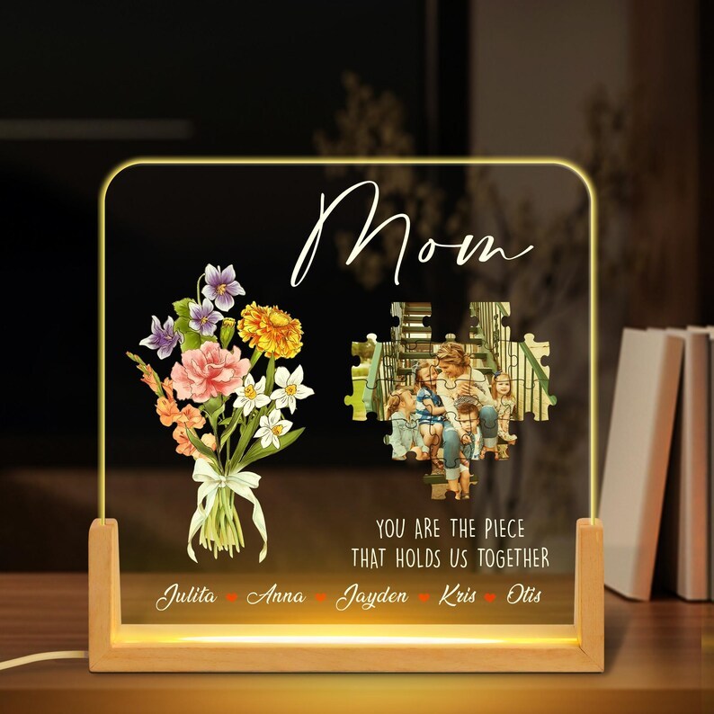 Custom Personalized Photo LED Night Light, Custom Birth month Flower Mother's Day Gift