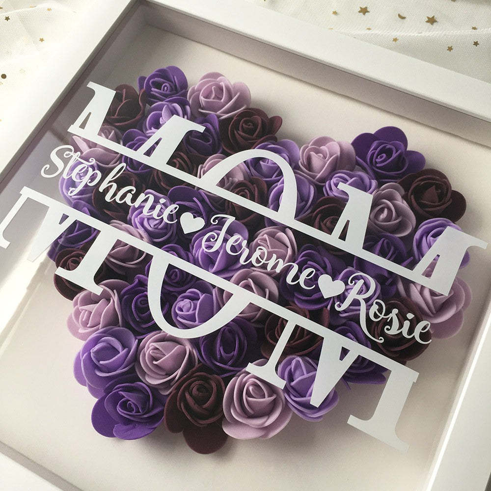 Personalized Flower Heart Shadow Flower Box For Mom , Custom Name Rose Frame