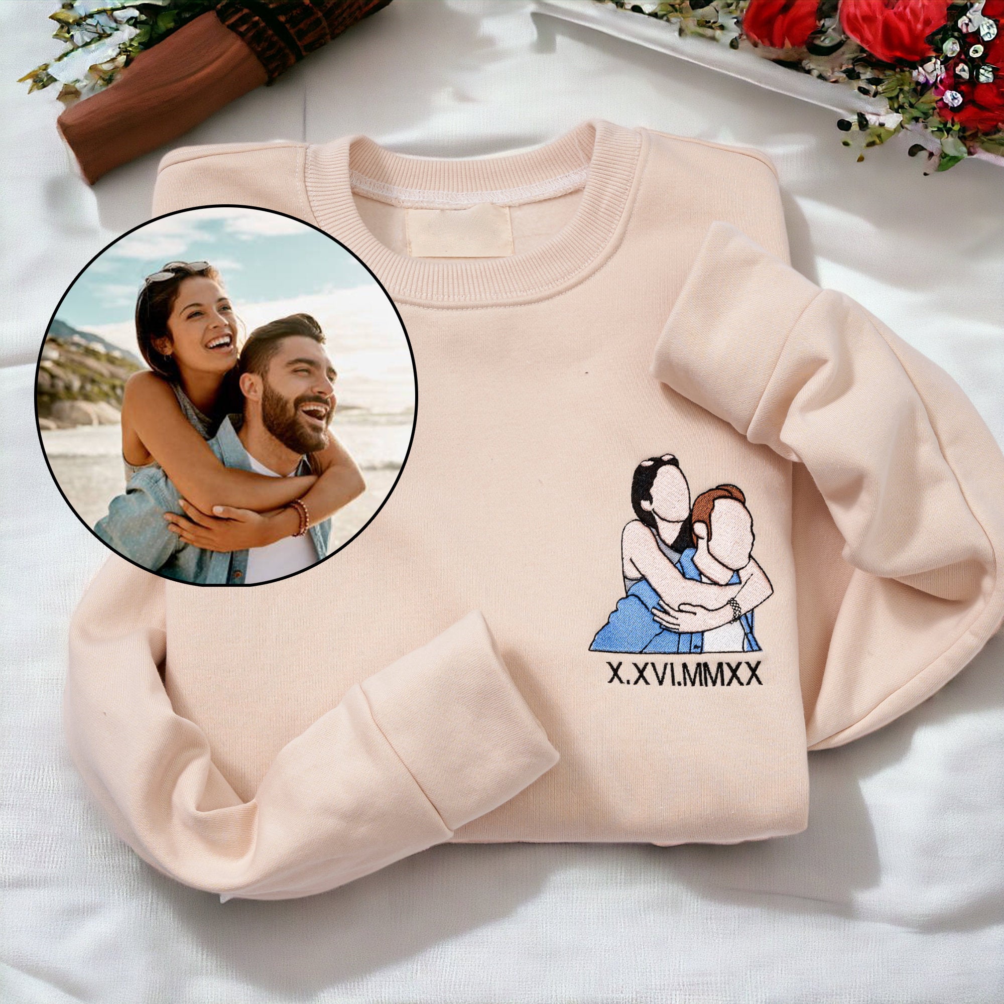 Custom Embroidered Portrait Sweatshirt - Personalized Portrait from Your Photo, Embroidered Design with Roman Numerals-Creatgifts