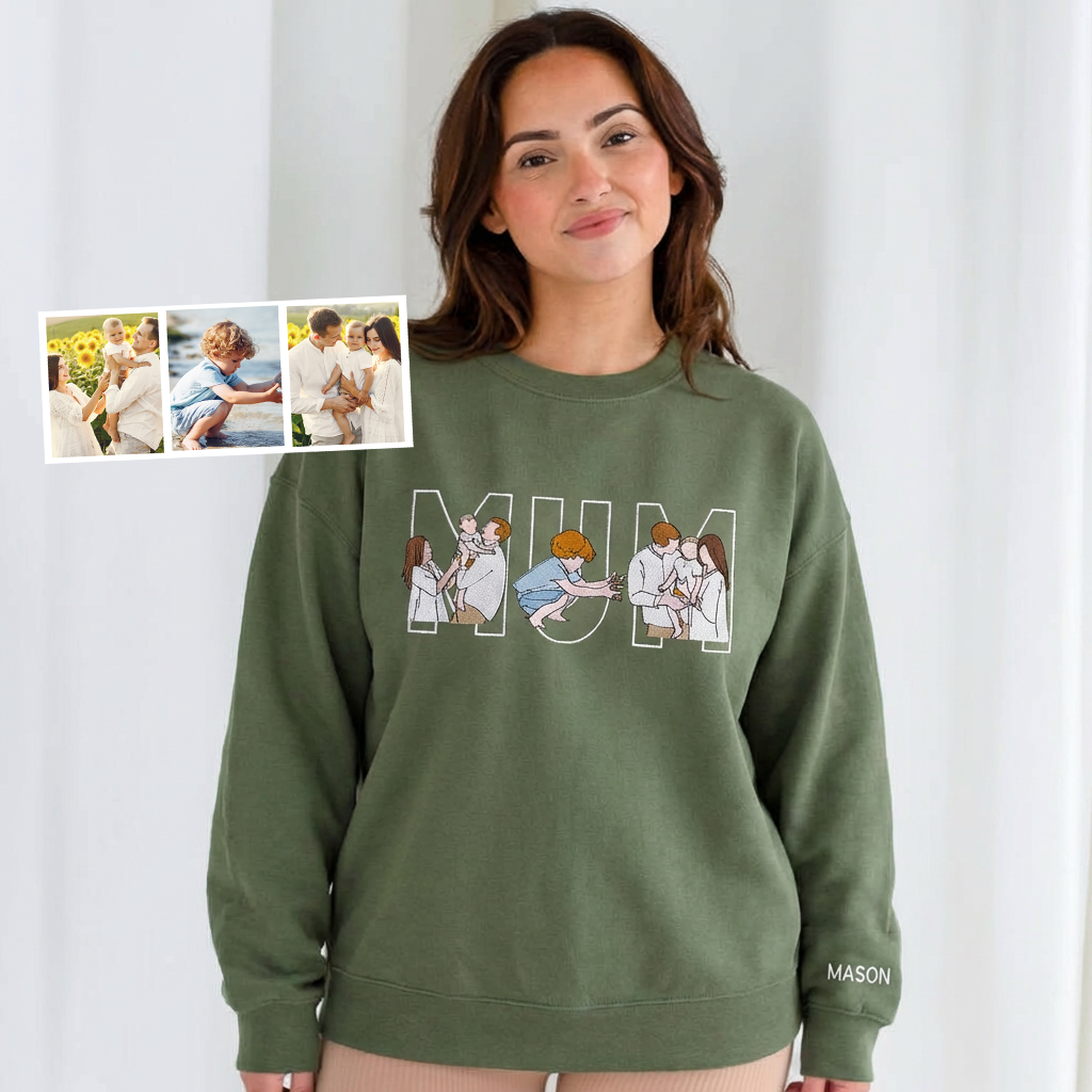 Custom Photo Portrait Embroidery Sweatshirt/Hoodie, Gift For Dad/Mama/Family