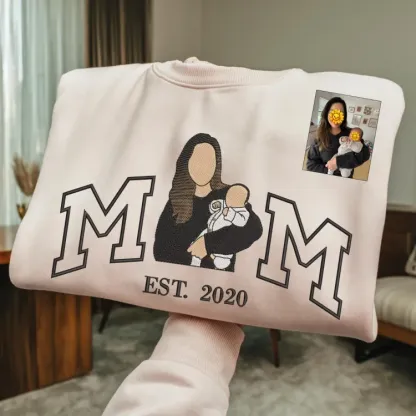 Mama, Mom T-shirt with Photo, Custom Embroidered Sweatshirt Mama and Kids Portrait.