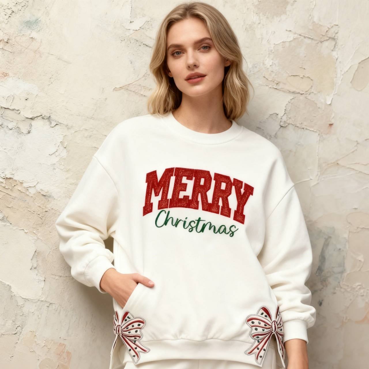 Custom Merry Christmas Glitter Sweatshirt with Bow, Holiday Outfit for Women